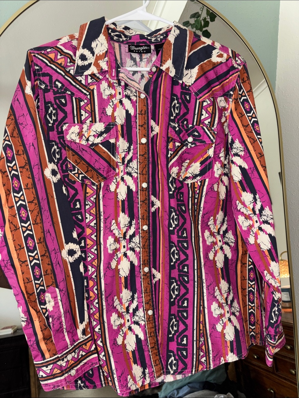 Wrangler Pink Orange & Navy Aztec Floral Western Shirt
